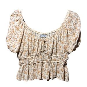 Arizona Jean Co Floral Peasant Top XL Cream Yellow Smocked Peplum Puff Sleeve